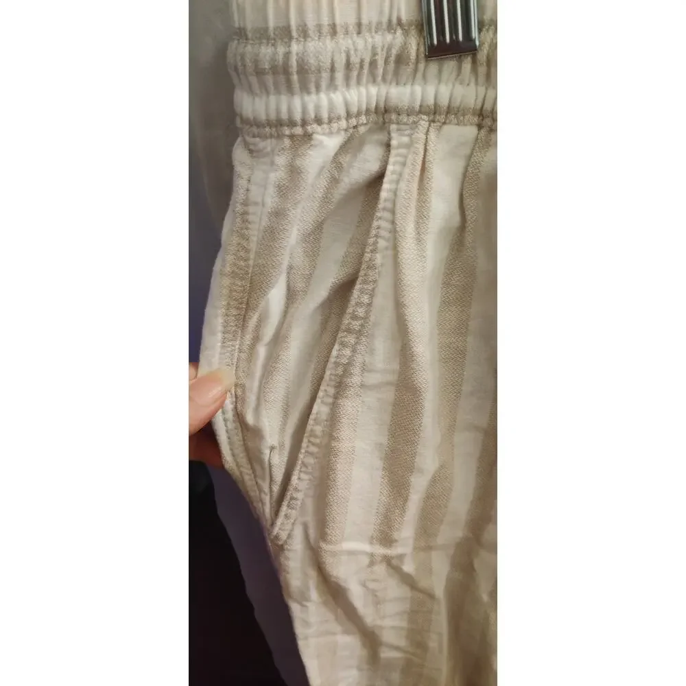 H&M Wide-Cut Pull-on Linen Pants In Taupe White Stripes Size XXL Pockets